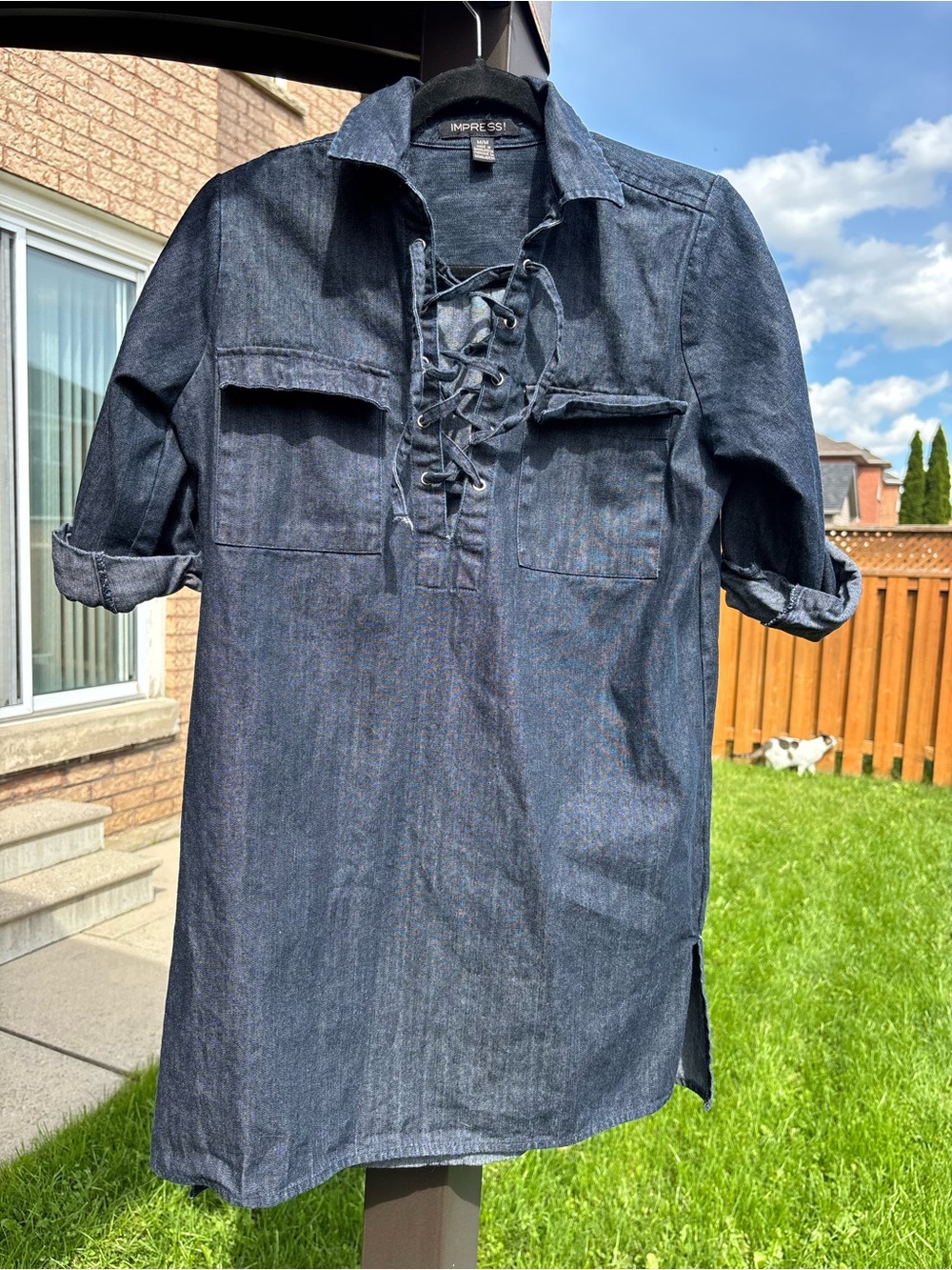 imPRESS Dark Blue Denim Lace-Up Button Down Tunic top